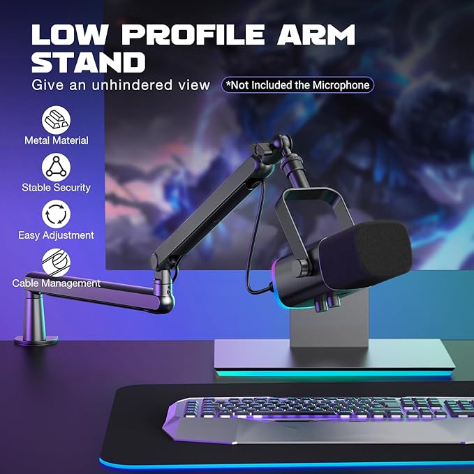 FIFINE BM88 Low Profile Microphone Boom Arm Stand for Gaming Streaming | Adjustable Stick Stand, Desk Mount Clamp, Cable Management, Screw Adapter, for Podcast Streaming Gaming - Image 2