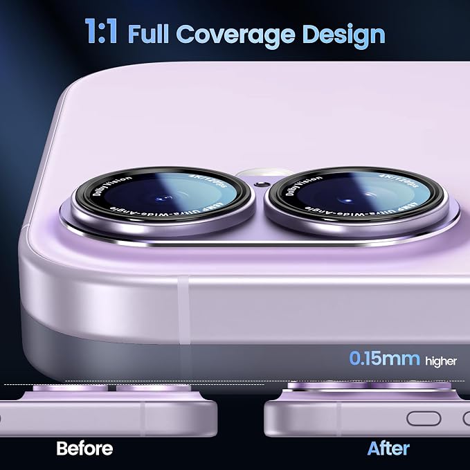 CACOE Metal Camera Lens Protector for iPhone 16/16 Plus/17 Cover | Tempered Glass Cover, Anti-Scratch, Drop-Proof, Strong Adhesion, Camera Screen Cover Accessories, Purple - Image 3