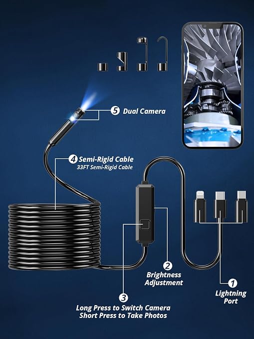Endoscope Camera with Light, Dual-Lens 1920P HD Borescope with 8 Adjustable LED Lights, IP67 Waterproof Boroscope Inspection Tools, 33ft Semi-Rigid Snake Camera for iOS & Android - Image 8