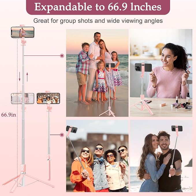 Selfie Stick Tripod with Fill Light, Phone Selfie Stick,Durable Stainless Steel Design,Bluetooth Remote Control,and Stable Three-Legged Support for Live Broadcasts,Video Shooting (Pink) - Image 6