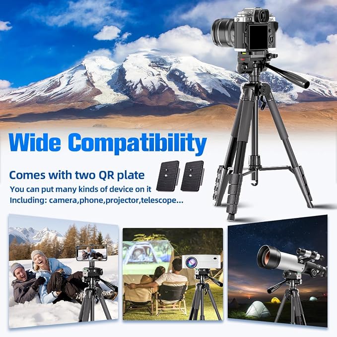 74" Camera Tripod Stand with 2 QR Plates for DSLR Sony Nikon Canon, Lightweight Video Mount for Travelling, Adjustable Phone Holder with Fluid Head and Wireless Remote (Max Load 6kg) - Image 6