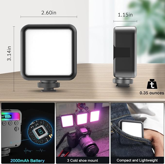 Magnetic RGB Led Video Light LED Camera Light 360° Full Color Portable Photography Lighting Whit 3 Cold Shoe，，2000mAh Rechargeable CRI 96+/2500-9900K/13 Scene (Black) - Image 4