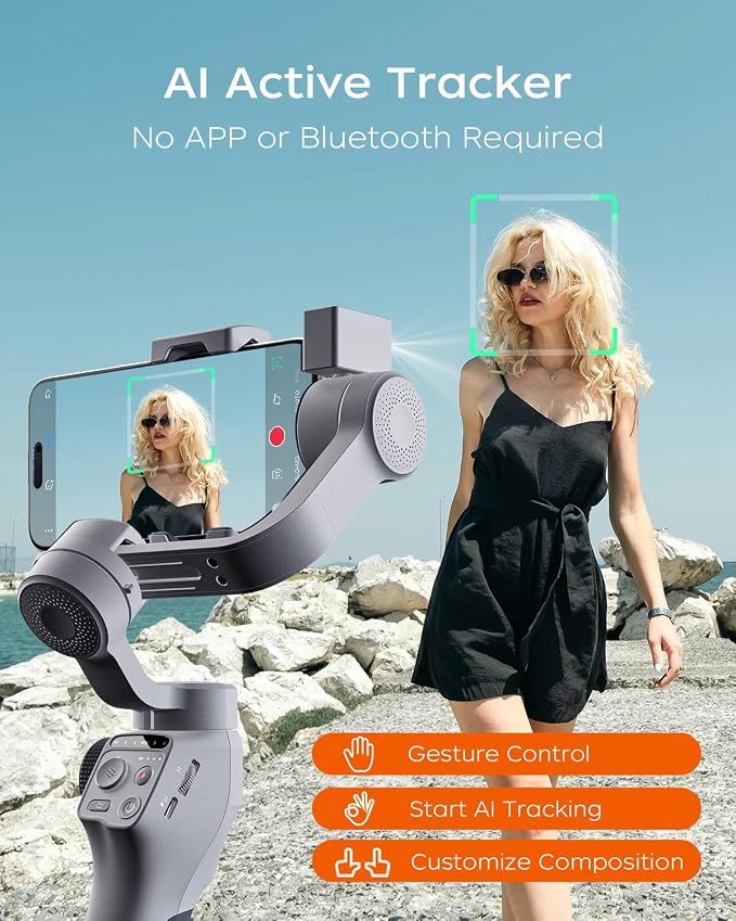 Capture5 Gimbal Stabilizer for Smartphone, Magnetic AI Tracker Fill Light Remote Control 500g Payload, 3-Axis Phone Gimbal for Android & iPhone 16 15 Pro Max for Video Recording（Gray） - Image 3
