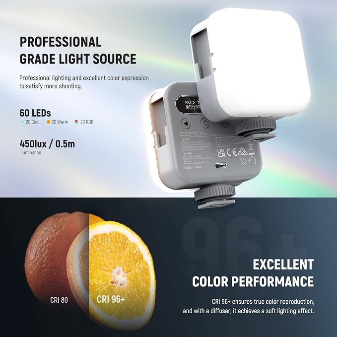 NEEWER Basics Magnetic RGB Video Light, 360° Full RGB Camera Light, BL60C | Mini LED, CRI96+ 2500-9000K 18 Scenes, 3 Cold Shoes, 1/4", 2000mAh Rechargeable, Portable, Selfie Tripod Photography Lighting - Image 4