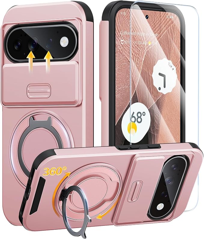 JAME for Google Pixel 10/10 Pro/11/11 Pro Case, Stand & Slide Camera Cover | Ring Holder Kickstand, Screen Protectors, Dual-Layer Shockproof Protective, Magnetic Accessory Friendly Phone Case, Pink by JAME