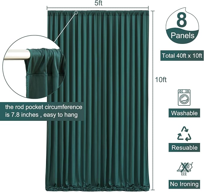 8 Panels Hunter Green Backdrop Curtain for Parties Wrinkle Free Dark Green Photo Curtains Backdrop Drapes Fabric Decoration for Weding Baby Shower Birthday Party Photography 40ft(W) x 10ft(H) - Image 5