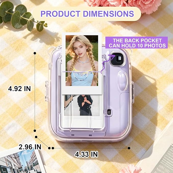Clear Camera Case for Fujifilm Instax Mini 13, Purple Camera Strap | Protective Cover with Anti-Accidental Shutter, 4 Composition Cards, Photo Storage Holds 10 Films,Clear Hard Shell, No Camera - Image 3