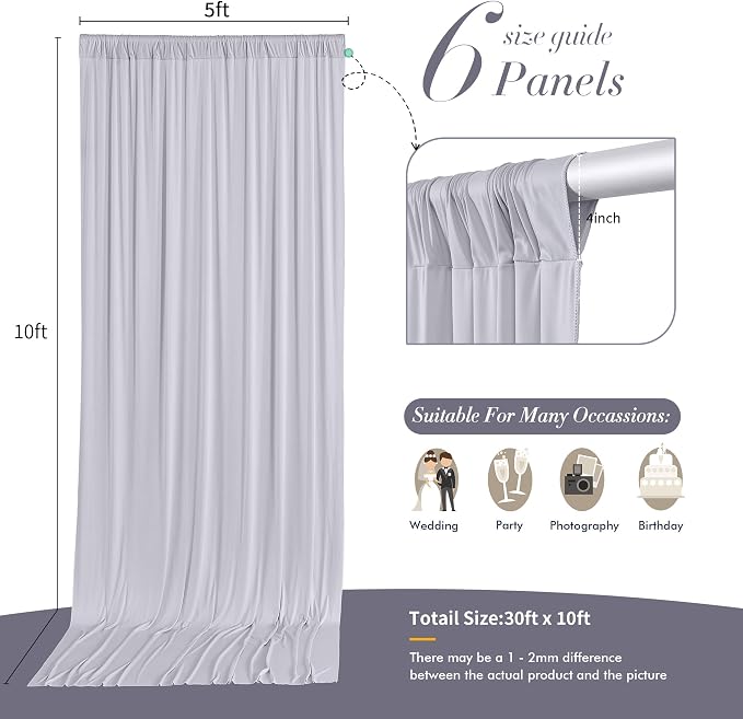 30 ft x 10 ft Wrinkle Free Silver Backdrop Curtain for Parties, Polyester Silver Grey Backdrop Drapes 6 Panels 5x10ft for Baby Shower Photoshoot Engagement Wedding Birthday Photography Background - Image 7