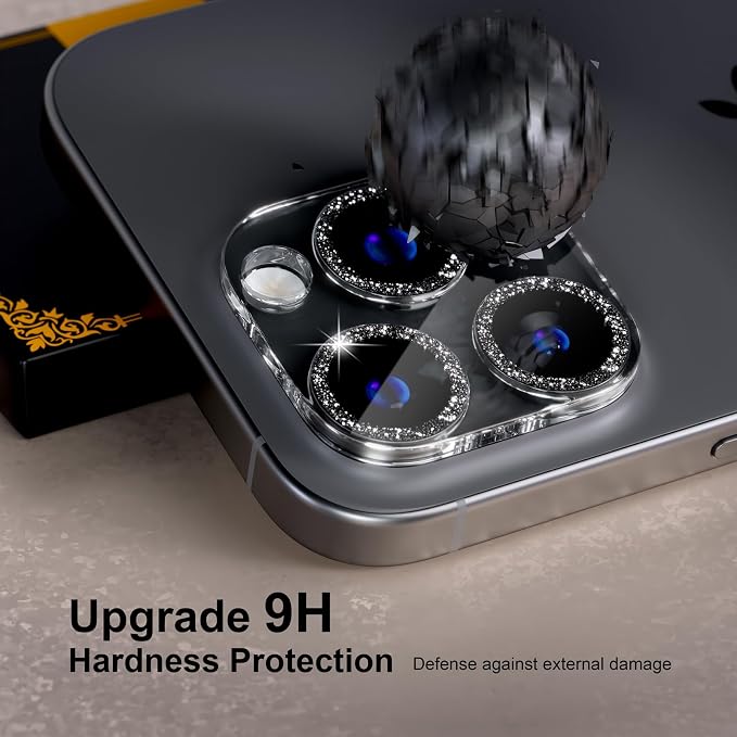 for 6 Pack iPhone 15 Pro/iPhone 15 Pro Max Camera Lens Protector [Drop Protection] [Case Friendly] [Easy Installation] 9H Tempered Glass Camera Screen Protector Cover, Glitter Black - Image 2