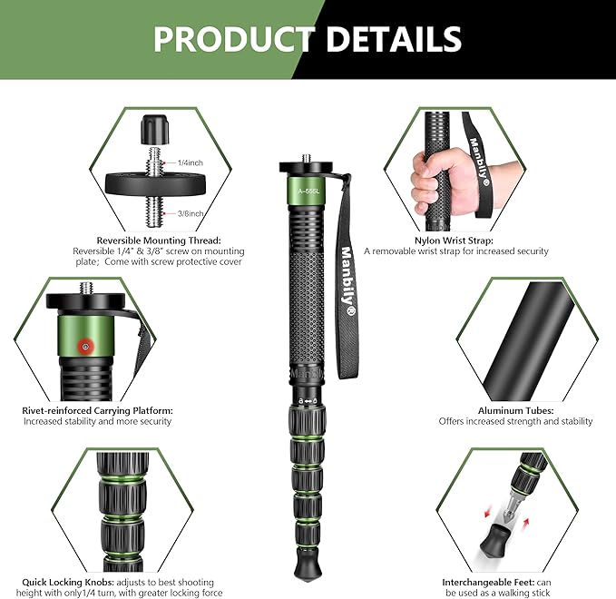 Camera Monopod Aluminum Portable Compact Lightweight Travel Monopod with Carrying Bag Walking Stick Handle,for DSLR Canon Nikon Sony Video Camcorder (Aluminum, Green&Black) - Image 4