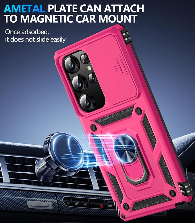 Taisairu for Samsung Galaxy S25 Ultra Case with Screen Protector & Slide Camera Lens Cover, Built-in Magnetic Ring Stand Shockproof Protective Phone Case for Samsung S25 Ultra Case (Hot Pink) - Image 5