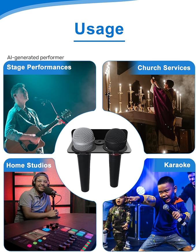 Double Mic Holder for Stand, Wall Mounted for 2 Handheld Wired/Wireless Mic | Multiple Mic Organizer Fits 5/8 & 3/8 Stands, Rubber Pad Protection, Holds 2 Dynamic Mics for Church/Stage/Studio/Podcast - Image 9