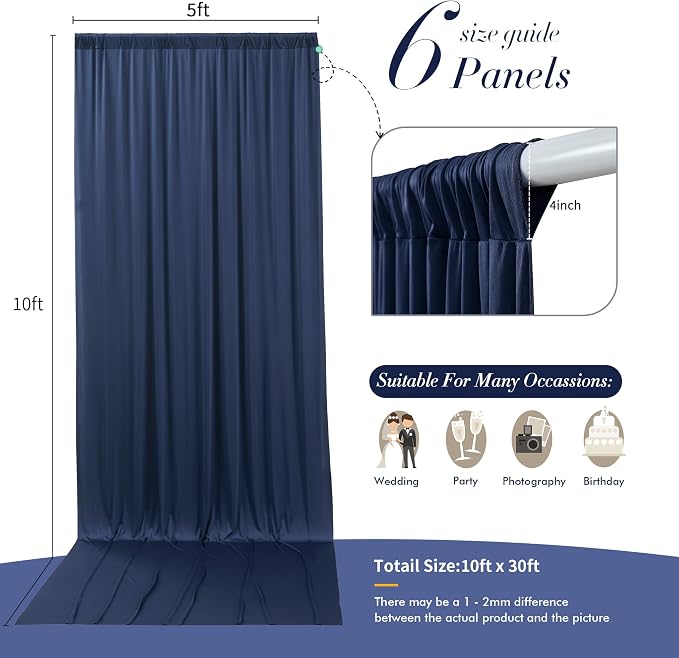 30 ft x 10 ft Wrinkle Free Navy Blue Backdrop Curtain for Parties,Polyester Photo Backdrop Drapes, Thick Background 6 Panels 5ft x 10ft for Baby Shower Wedding Birthday Party Backdrop Stand - Image 5