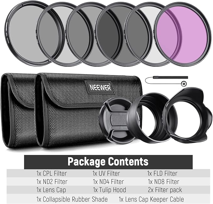 NEEWER 55mm ND Filter Kit and Lens Accessories, ND2 ND4 ND8 UV FLD CPL(Circular Polarizing) Filter Set with Lens Cap/Tulip Shaped Lens Hood - Image 8