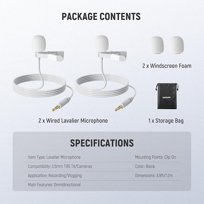 NEEWER 2 Pack Lavalier Lapel Microphone Compatible with Rode Wireless GO II 2 DJI Wireless Mic Transmitter, Omnidirectional Condenser Wired Clip On Lav Mic for Stage YouTube Live Streaming, CM5, White - Image 8