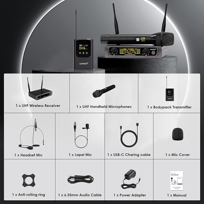UHF Wireless Microphone System Set: Metal Cordless Handheld/Headset/Lavalier Lapel Mics, Bodypack Transmitter, Receiver - 2*15 Channels 200ft Range for Church, Karaoke Singing, DJ, Wedding, Speech - Image 9