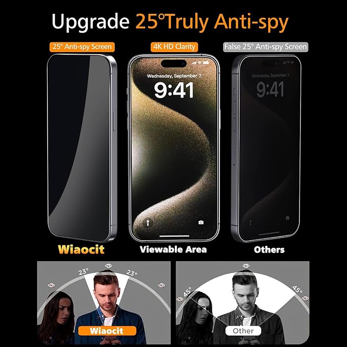 Wiaocit Tempered Glass Privacy Screen Protector for iPhone 15 Pro | 3+3 Pack, 9H Hardness, Camera Lens Protector, Installation Frame, Bubble Free, Case Friendly - Image 2