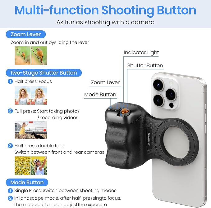 Magnetic Phone Camera Grip,Shooting Holder Selfie Handle Snap(Black) | Wireless Shutter for iPhone 17 16 15 14 Android Cellphone Vlog Photography - Image 3