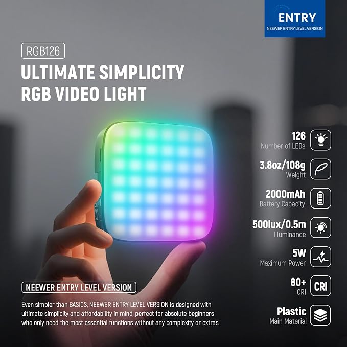 NEEWER Entry Level Version Magnetic RGB Camera Light, 126 LEDs Clip on Portable Small Panel Lighting, 2000mAh 3000-9000K CRI80+ 10 Effects 3 Cold Shoes 1/4" for Tripod Video Recording Selfie, RGB126 - Image 2