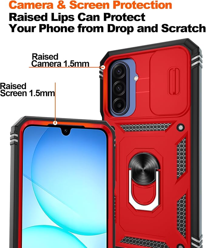 Gritup for Samsung Galaxy A17/A16-5G Phone Case with Camera Cover | 2*Screen Protector & 360° Rotating Ring Kickstand, Military Grade Protective Cover para Galaxy A 17, Red+Black - Image 4