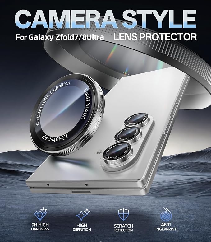 HelloDeere for Galaxy Z Fold 7/Z Fold 8 Ultra Camera Lens Protector Military-Grade 9H+ Tempered Glass AR Optical Tech HD Anti-Glare Anti-Scratch Metal Individual Ring Easy Install Case Friendly Silver - Image 2