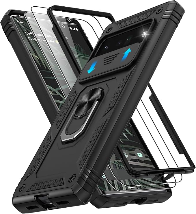 for Google Pixel 6 Pro Case with Slide Camera Cover & Screen Protector (2 PCS), Pixel 6 Pro Case Build in 360° Rotating Ring Kickstand, Military Grade Protective Case for Google 6 Pro Case, Black by Gritup