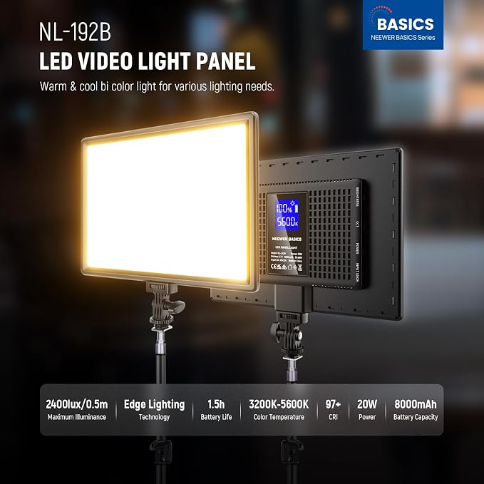NEEWER Basics 13" LED Video Light Panel, 2 Pack with Tripod Stands, NL-192B | Studio Lighting Kit, Bi Color Photo Key Light for Streaming Photography Podcast Recording, 2400Lux 3200-5600K CRI97+ 8000mAh - Image 2
