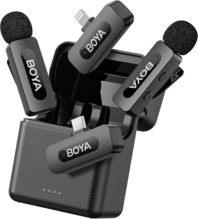 BOYA BY-V3 Combo Wireless Microphone for iPhone Android Smartphone,100M Los Range,36H Duration,Noise Cancellation,Plug&Play Lavalier Lapel Mics for Vlogging Interview 2-in-1 Charging Case(2TX+2RX) by BOYA