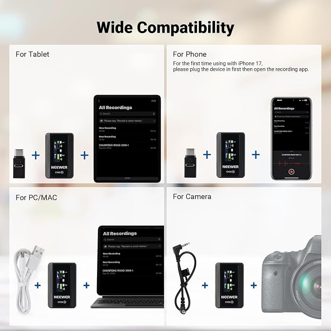 NEEWER CM28 Wireless Lavalier Microphone, Smart Noise Cancelling Lav Mic, 48KHz/16Bit 9hrs Uncompressed Recording, 200m Range, 4GB Storage for iPhone, Android, Camera, 1 RX + 2 TX + Charging Case - Image 8