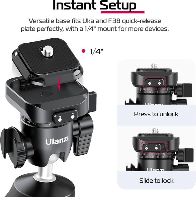 ULANZI TT38 One-Click Opening Vlogging Tripod w Uka F38 Quick-Release | One-Click Open, UKA F38 Quick Release, Cold Shoe, Panoramic Ball Head, Hidden Hook, for Sony Canon Nikon Fujifilm - Image 6