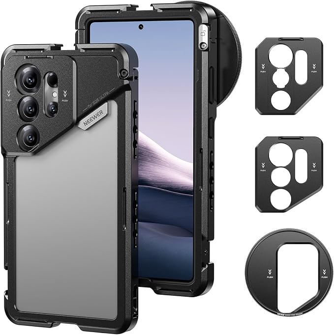 NEEWER S25 Ultra Phone Cage, Mobile Video Rig Phone Stabilizer with 67mm Filter Adapter, 17mm Lens Backplate, T Mount Lens Adapter, Compatible with Samsung Galaxy Moment T Series Lenses, PA082 by Neewer