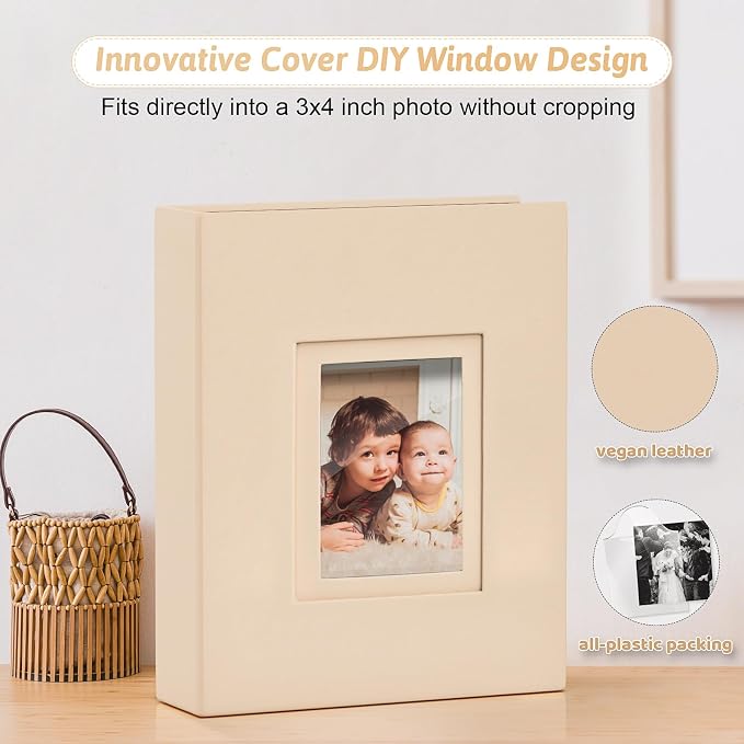 Popotop 4x6 Photo Album Holds 100 Pictures, Vegan Leather Hardcover | 100 Photos Capacity, Acid-Free Clear Slip-In Pockets, Compact Format, Front Photo Window, Gifts for Family Wedding Baby - Image 2