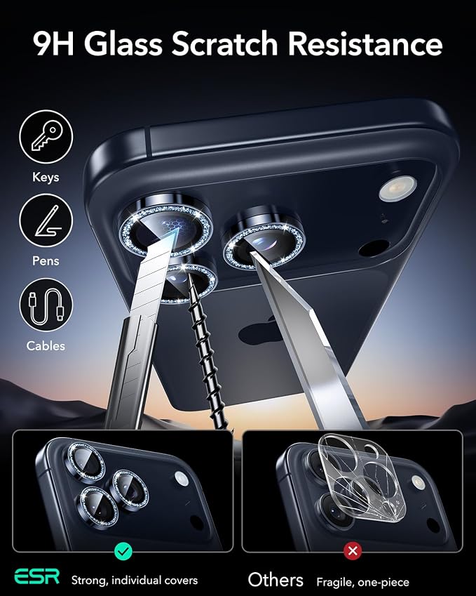 ESR for iPhone 17 Pro Max/17 Pro Camera Lens Protector, 1 Pack,Glitter Blue | Individual Camera Cover, 9H Tempered Glass, Original Camera Clarity, for iPhone 17/16/15/14 Pro Max/Pro - Image 6