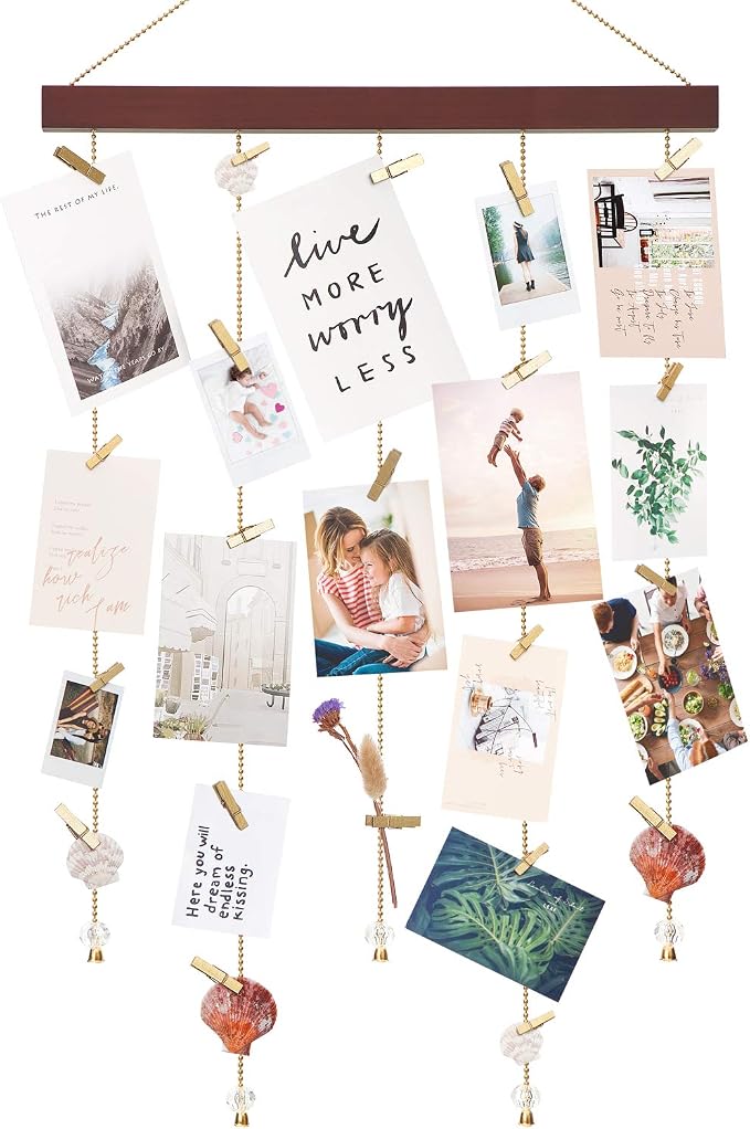 Mkono Hanging Photo Display, 25 Wood Clips Greeting Card Holder, 33"x16.5" | Picture Collage Hanger, Boho Rustic Wall Art, Christmas Holiday Gift, Teen Room Decor, Bedroom Dorm Office Nursery by Mkono