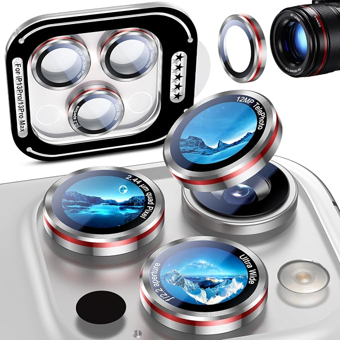 Uyiton for iPhone 13 Pro Max/13 Pro Camera Lens Protector | Unique Lines Text Design, Case-Friendly, Military-Grade Sapphire Glass Metal Camera Cover, Easy to Install, Silver+Red by Uyiton