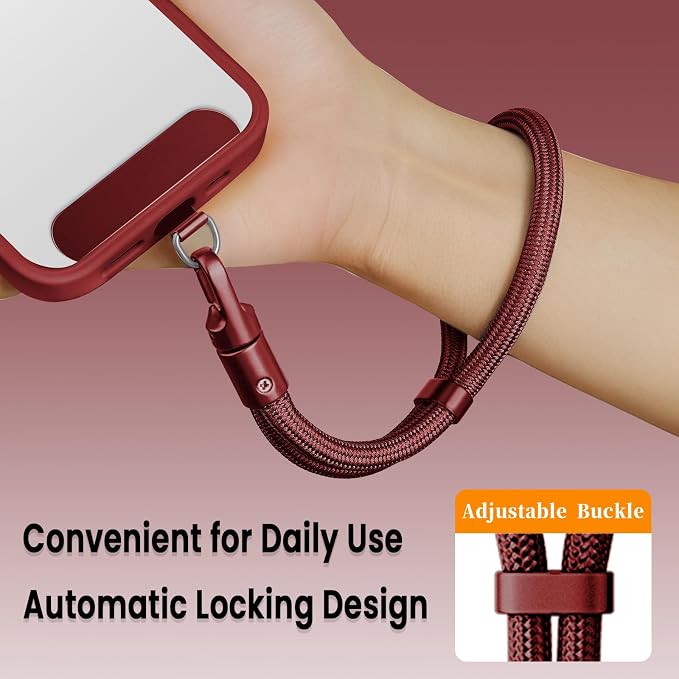 Phone Wrist Strap Lanyard Hand Universal Adjustable Phone Finger Grip Wristlet with 3 Patches Tether Anti Theft for iPhone 16 Pro Max 15 Charms for Keychain USB Flash Drive Wallet ID Name Tag Burgundy - Image 4