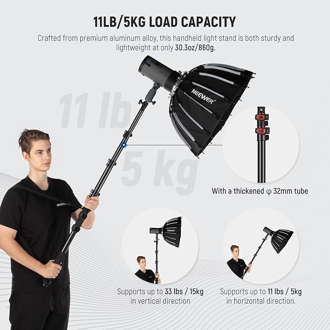 NEEWER 7.5ft/230cm Handheld Light Stand, Portable Telescopic Aluminum Photography Lighting Stand with 1/4" 3/8" 5/8" Screw/Flip Lock/Shoulder Strap for Strobe Light Flash, Max. Load 11LB/5KG, MS-230C | Handheld Light Stand, 1/4" 3/8" 5/8" Screw, Flip L... - Image 2