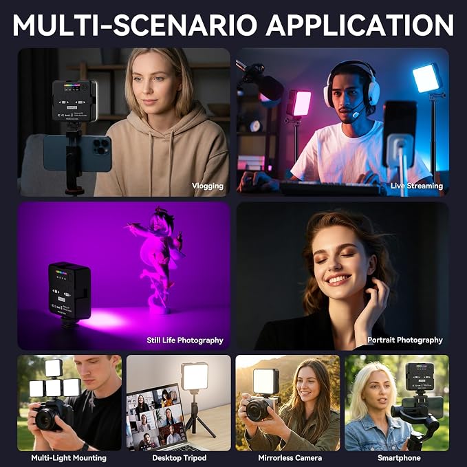 LOUERN RGB Light w Softbox,65LEDs Video Light w CRI95+,0–359° Hue,2500K–9000K,20 Scene Modes, Fast USB-C Rechargeable On-Camera Light w 3 Cold Shoe Mounts for Vlogging,Photography,Selfie,Recording - Image 5