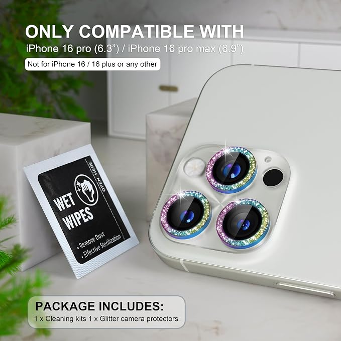 Choiche for iPhone 16 Pro/iPhone 16 Pro Max Camera Lens Protector | Bling Camera Cover with 9H Tempered Glass Lens Screen Protector Metal Ring Decoration Accessories (Clear-Colorful) - Image 2