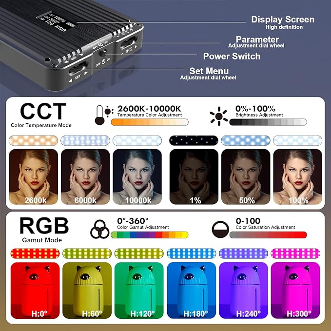 G2 Pocket RGB Camera Light,Built-in 7200mAh Rechargeable Battery 360°Full Color Gamut 9 Light Effects,2600-10000K LED Video Light Panel with Aluminum Alloy Body, Adjustable Tripod Stand - Image 4