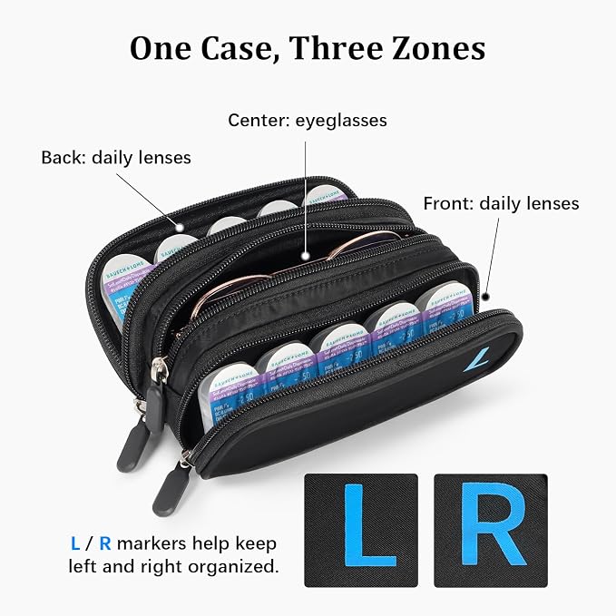WOMACO Contact Lens and Glasses Organizer Case, 2-in-1 Travel Pouch for Daily Disposable Contacts and Eyeglasses, L/R Compartments, Soft Lining, Storage up to 10 Lens (Black, Medium) - Image 3