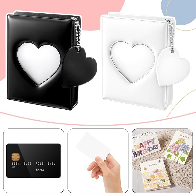 2 Pack Mini Photocard Binder 3 Inch Photo Card Binder Book with 32 Pockets, Mirror-Like Binders Photo Card Holder with Pendant and Stickers Heart Hollow Design - Image 4