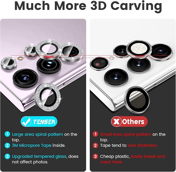 Tensea Compatible with Samsung Galaxy S23 Ultra Camera Lens Protector | 9H Tempered Glass Camera Cover Screen Protector Metal Individual Ring [Installation Tray][Case Friendly] - Image 3