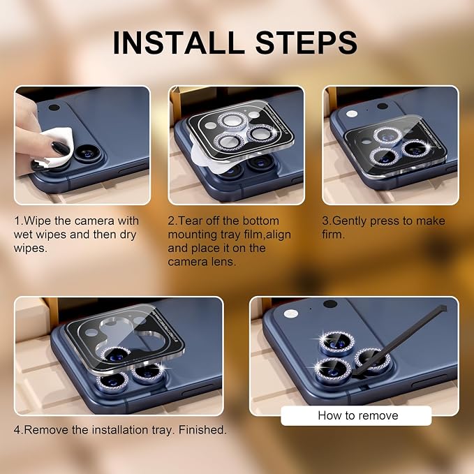 Misea Compatible for iPhone 17 Pro/iPhone 17 Pro Max Camera Lens Protector | 9H Tempered Glass Ultra HD Bling Camera Screen Protector Cover Metal Individual Ring Accessories, Deep Blue Diamond - Image 7