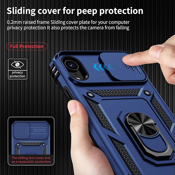 for iPhone XR Case with Camera Lens Cover, HD Screen Protector, 10 FT Military Grade Drop Protection, Magnetic Ring Holder Kickstand Protective Phone Case, Navy Blue - Image 3
