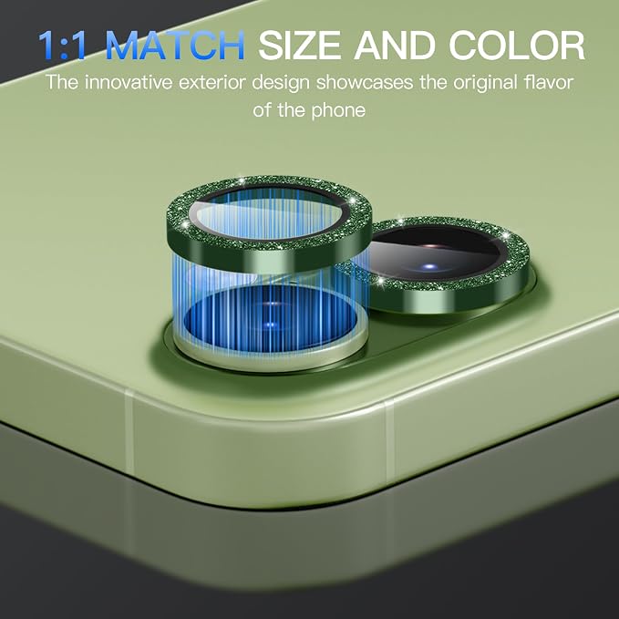 Suoman for iPhone 17 Camera Lens Protector, Bling Glitter Independent Metal Crystal Tempered Glass Camera Lens Cover [Strong-Adhesion][Does not Affect Night Shots] -Green - Image 6