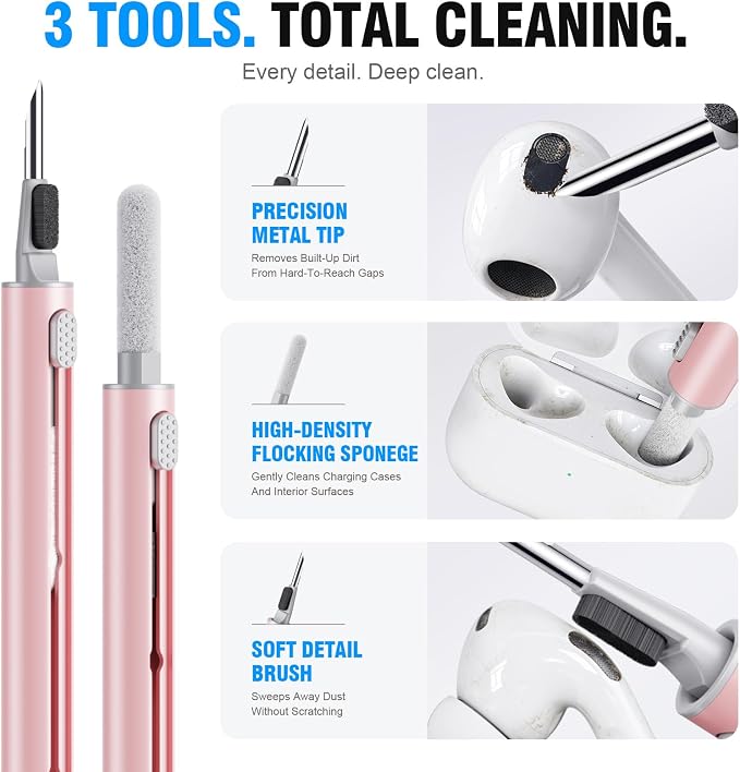 Hyashee Cleaner Kit for Airpods Pro 1 2 3 Multi-Function Cleaning Pen with Soft Brush Flocking Sponge for Bluetooth Earphones Case Cleaning Tools (Pink) - Image 5