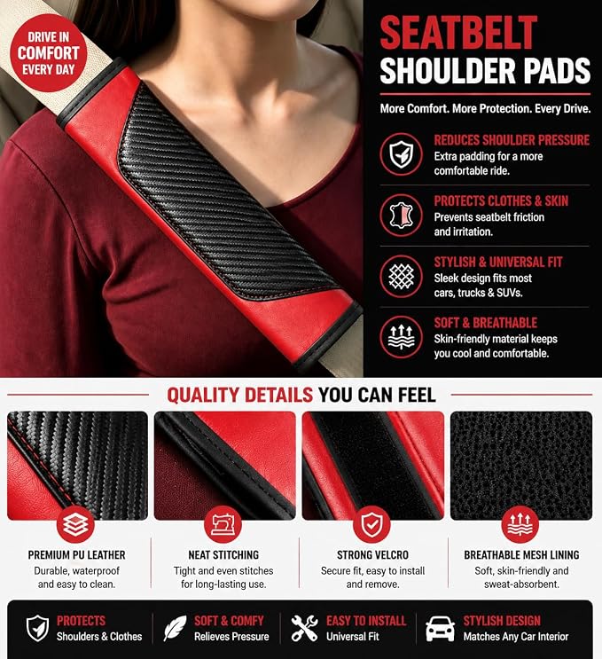 Carbon Fiber PU Leather Seat Belt Covers - 2Pcs, Black and Red Sporty Seat Belt Pads, Universal Fit for Car Truck SUV - Image 3