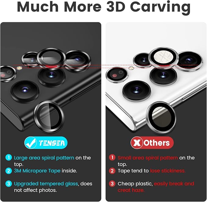 Tensea Compatible with Samsung Galaxy S22 Ultra Camera Lens Protector | 9H Tempered Glass Camera Cover Screen Protector Metal Individual Ring [Installation Tray][Case Friendly] - Image 3