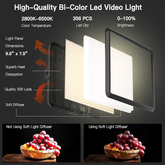 NiceVeedi 1-Pack Photography Lighting Kit, 2800-6500K Bi-Color LED Video Light Kit, Dimmable Studio Light with Tripod Stand & Phone Holder, Light for Video Recording, Game Streaming, YouTube - Image 2